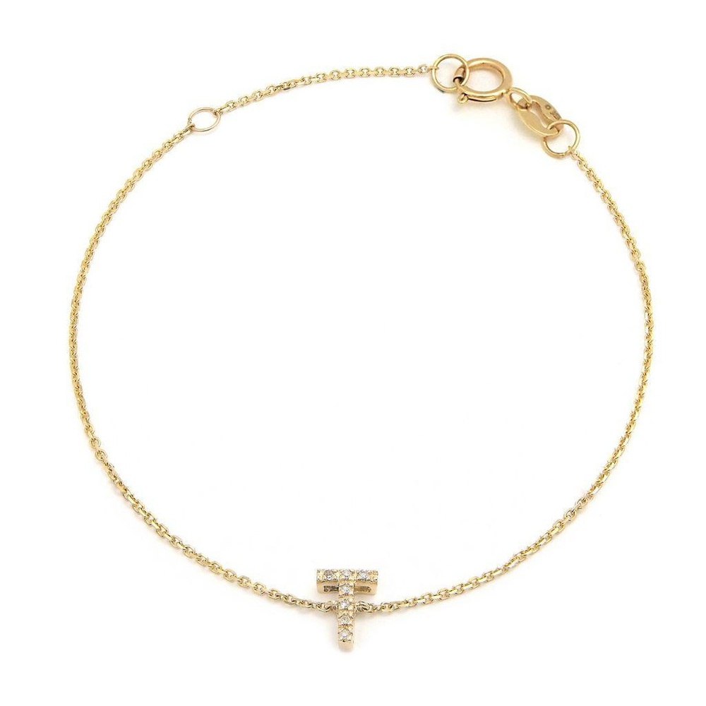 14K Real Yellow Gold Initial ”T” Single Prong Diamond Bracelet 7+1″